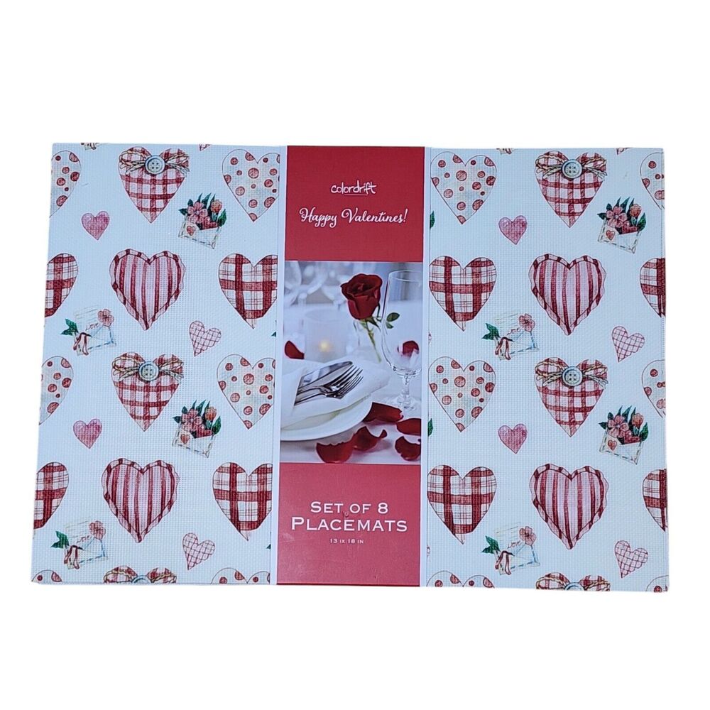 Colordrift 8pc Hearts Placemats Set‎ Red Pink And White Table Mats 13x18in